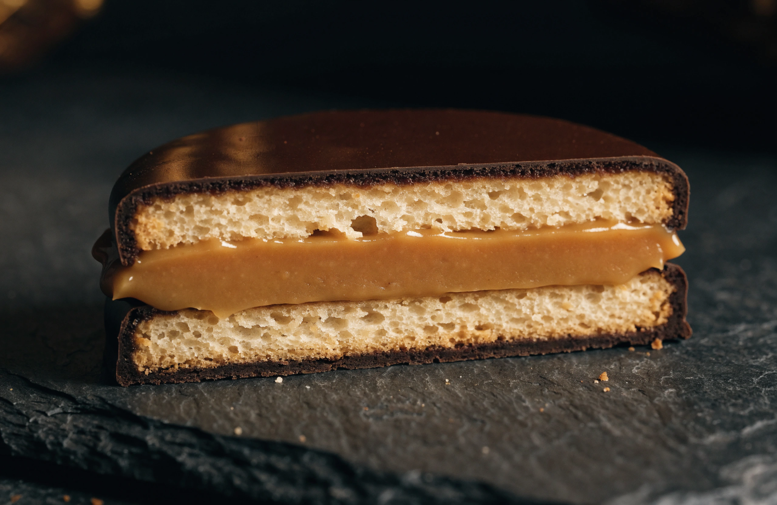 Macro fotografia de alfajor argentino com camadas de dulce de leche